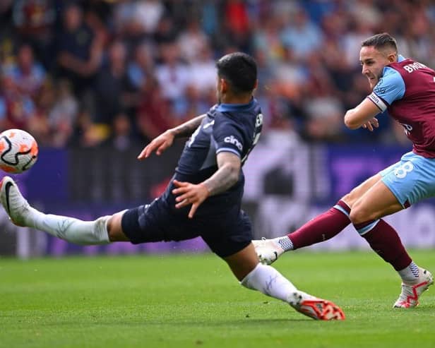 BURNLEY, ENGLAND - SEPTEMBER 02: Burnley player Josh Brownhill shoots at goal during the Premier League match between Burnley FC and Tottenham Hotspur at Turf Moor on September 02, 2023 in Burnley, England. (Photo by Stu Forster/Getty Images)