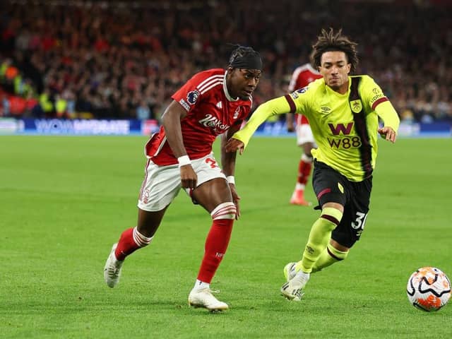 NOTTINGHAM, ENGLAND - SEPTEMBER 18: Anthony Elanga of Nottingham Forest battles for possession with Luca Koleosho of Burnley during the Premier League match between Nottingham Forest and Burnley FC at City Ground on September 18, 2023 in Nottingham, England. (Photo by Marc Atkins/Getty Images)
