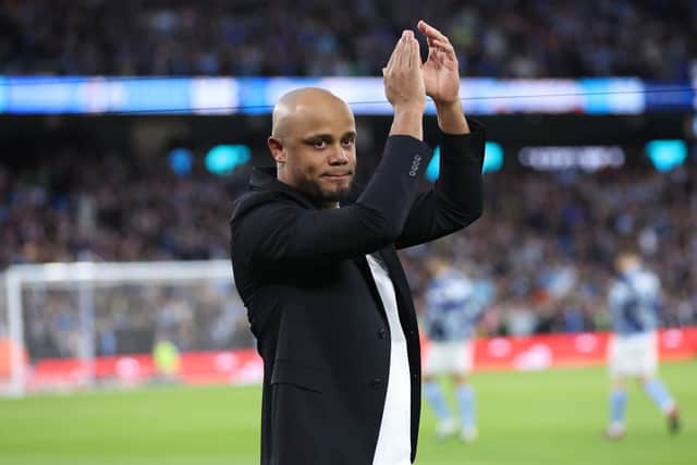 MANCHESTER, ENGLAND - MARCH 18: Vincent Kompany, Manager of Burnley, applauds the fans prior to the Emirates FA Cup Quarter Final match between Manchester City and Burnley at Etihad Stadium on March 18, 2023 in Manchester, England. (Photo by Clive Brunskill/Getty Images)