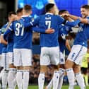 LIVERPOOL, ENGLAND - NOVEMBER 01: James Tarkowski of Everton celebrates with teammates after scoring the team's first goal during the Carabao Cup Fourth Round match between Everton and Burnley at Goodison Park on November 01, 2023 in Liverpool, England. (Photo by Jan Kruger/Getty Images)