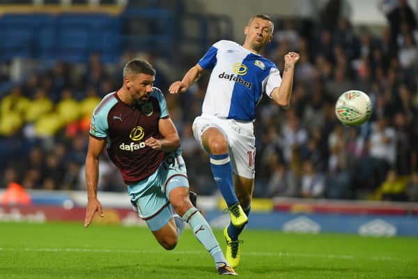 BLACKBURN, ENGLAND - AUGUST 23: Jonathan Walters of Burnley headers the ball at goal during the Carabao Cup Second Round match between Blackburn Rovers and Burnley at Ewood Park on August 23, 2017 in Blackburn, England. (Photo by Nathan Stirk/Getty Images)
