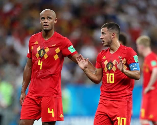 ROSTOV-ON-DON, RUSSIA - JULY 02:  Vincent Kompany of Belgium speaks to Eden Hazard of Belgium during the 2018 FIFA World Cup Russia Round of 16 match between Belgium and Japan at Rostov Arena on July 2, 2018 in Rostov-on-Don, Russia.  (Photo by Catherine Ivill/Getty Images)