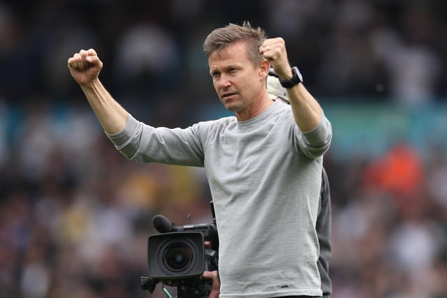 LEEDS, ENGLAND - MAY 15: Jesse Marsch, Manager of Leeds United, interacts with the crowd after the final whistle of the Premier League match between Leeds United and Brighton & Hove Albion at Elland Road on May 15, 2022 in Leeds, England. (Photo by George Wood/Getty Images)