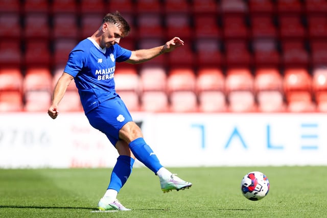CHELTENHAM, ENGLAND - JULY 16: Mark Harris of Cardiff City scores a goal from the penalty spot during the pre-season friendly match between Cheltenham Town and Cardiff City at the Completely-Suzuki Stadium on July 16, 2022 in Cheltenham, England. (Photo by Dan Istitene/Getty Images)