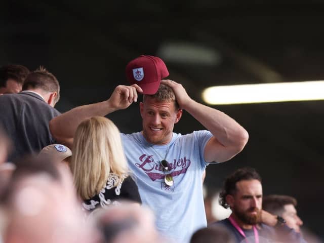 BURNLEY, ENGLAND - AUGUST 11: J.J. Watt reacts prior to the Premier League match between Burnley FC and Manchester City at Turf Moor on August 11, 2023 in Burnley, England. (Photo by Nathan Stirk/Getty Images)