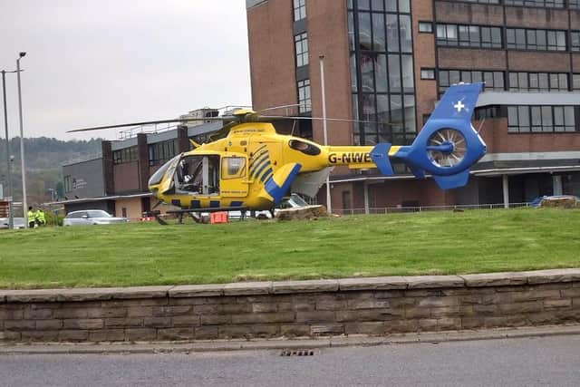 The North West Air Ambulance landed on a roundabout in Burnley town centre this afternoon in response to an incident