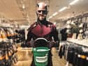 Charity fund raiser Jack Walsh in his guise as Marvel superhero Daredevil for a collection he held at Marks and Spencer in Burnley where he works as a sales assistant