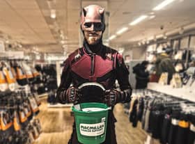 Charity fund raiser Jack Walsh in his guise as Marvel superhero Daredevil for a collection he held at Marks and Spencer in Burnley where he works as a sales assistant