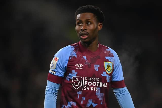 BURNLEY, ENGLAND - JANUARY 20: Nathan Tella of Burnley during the Sky Bet Championship between Burnley and West Bromwich Albion at Turf Moor on January 20, 2023 in Burnley, England. (Photo by Gareth Copley/Getty Images)