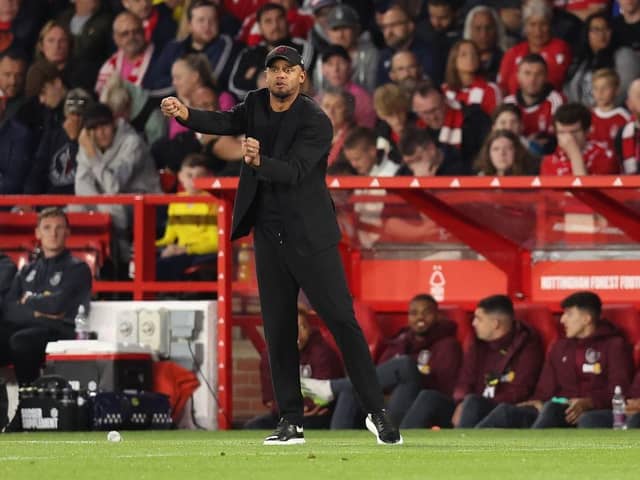 NOTTINGHAM, ENGLAND - AUGUST 30: Vincent Kompany, Manager of Burnley, instructs his players during the Carabao Cup Second Round match between Nottingham Forest and Burnley at City Ground on August 30, 2023 in Nottingham, England. (Photo by Nathan Stirk/Getty Images)