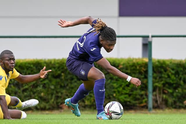 Anderlecht's Aqyei Enock pictured in action during a friendly match between Belgian first division soccer teams RSCA Anderlecht and STVV Sint-Truidense VV, ahead of the 2022-2023 season, Saturday 25 June 2022 in Neerpede, Anderlecht, Brussels. BELGA PHOTO DAVID CATRY (Photo by DAVID CATRY / BELGA MAG / Belga via AFP) (Photo by DAVID CATRY/BELGA MAG/AFP via Getty Images)