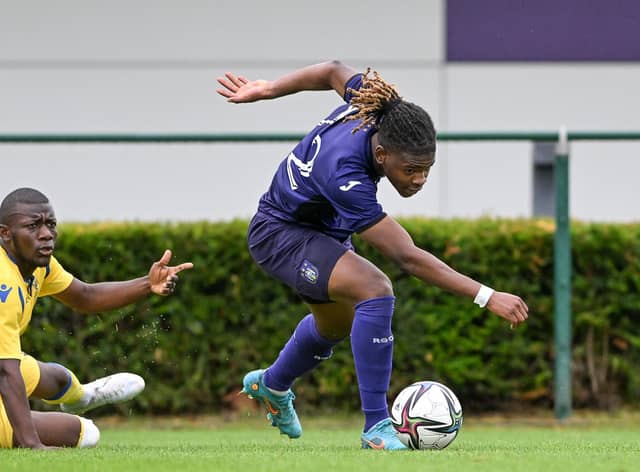 Anderlecht's Aqyei Enock pictured in action during a friendly match between Belgian first division soccer teams RSCA Anderlecht and STVV Sint-Truidense VV, ahead of the 2022-2023 season, Saturday 25 June 2022 in Neerpede, Anderlecht, Brussels. BELGA PHOTO DAVID CATRY (Photo by DAVID CATRY / BELGA MAG / Belga via AFP) (Photo by DAVID CATRY/BELGA MAG/AFP via Getty Images)