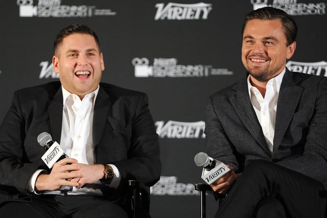HOLLYWOOD, CA - FEBRUARY 10:  Actors Jonah Hill and Leonardo DiCaprio speak at the 2014 Variety Screening Series of 'The Wolf of Wall Street' at ArcLight Hollywood on February 10, 2014 in Hollywood, California.  (Photo by Angela Weiss/Getty Images)