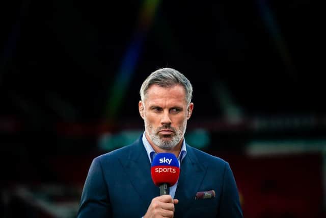 MANCHESTER, ENGLAND - AUGUST 22: Jamie Carragher broadcasts ahead of the Premier League match between Manchester United and Liverpool FC at Old Trafford on August 22, 2022 in Manchester, England. (Photo by Ash Donelon/Manchester United via Getty Images)