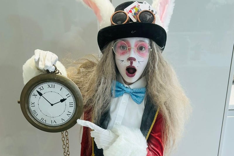 Trixie Forrest, nine, as the White Rabbit from Alice in Wonderland.