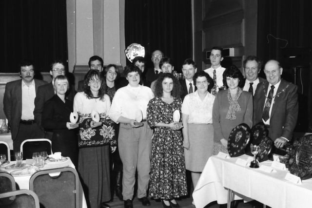 Students at the awards evening at Burnley Mechanics with front from right of the picture, County Coun. John Entwistle, chairman of the county council, Mr. Pike, County Coun. Mrs. Ellman, County Coun. Mrs. Joan Keene chair of governors, and behind her, Dr. Kellington