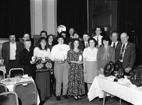 Students at the awards evening at Burnley Mechanics with front from right of the picture, County Coun. John Entwistle, chairman of the county council, Mr. Pike, County Coun. Mrs. Ellman, County Coun. Mrs. Joan Keene chair of governors, and behind her, Dr. Kellington