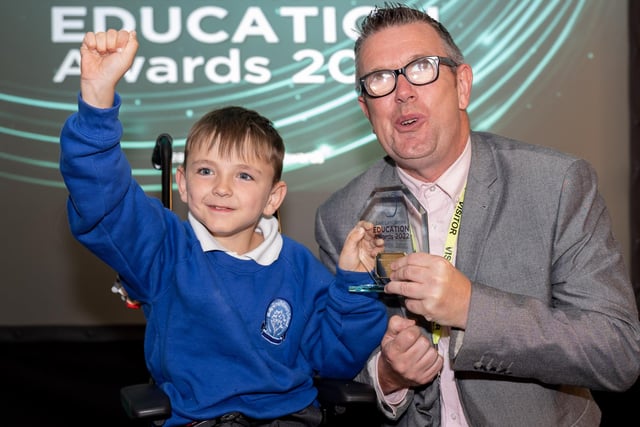 Primary Pupil of the Year David Potter with Burnley Express Sales Advertising Manager Lee Good.