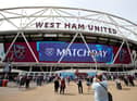 LONDON, ENGLAND - APRIL 17: A general view outside the stadium prior to the Premier League match between West Ham United and Burnley at London Stadium on April 17, 2022 in London, England. (Photo by Steve Bardens/Getty Images)