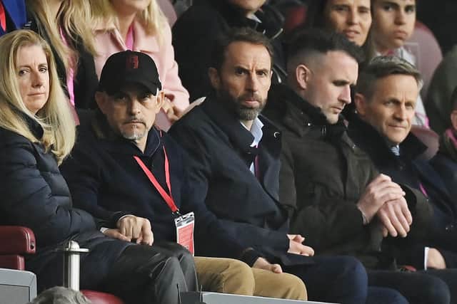BURNLEY, ENGLAND - MAY 04: Gareth Southgate, Manager of England watches from the crowd during the Premier League match between Burnley FC and Newcastle United at Turf Moor on May 04, 2024 in Burnley, England. (Photo by Gareth Copley/Getty Images)