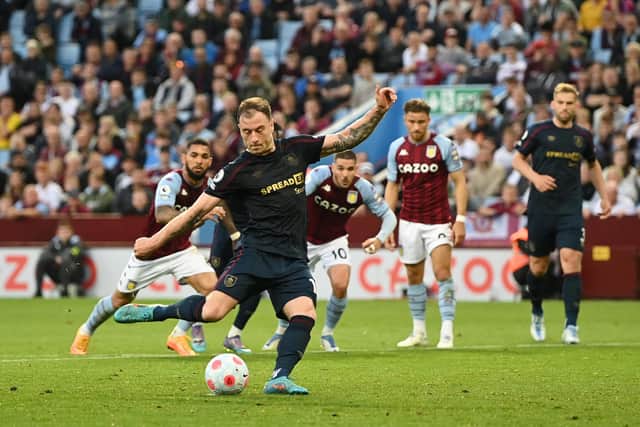 BIRMINGHAM, ENGLAND - MAY 19: Ashley Barnes of Burnley scores their sides first goal from the penalty spot during the Premier League match between Aston Villa and Burnley at Villa Park on May 19, 2022 in Birmingham, England. (Photo by Shaun Botterill/Getty Images)