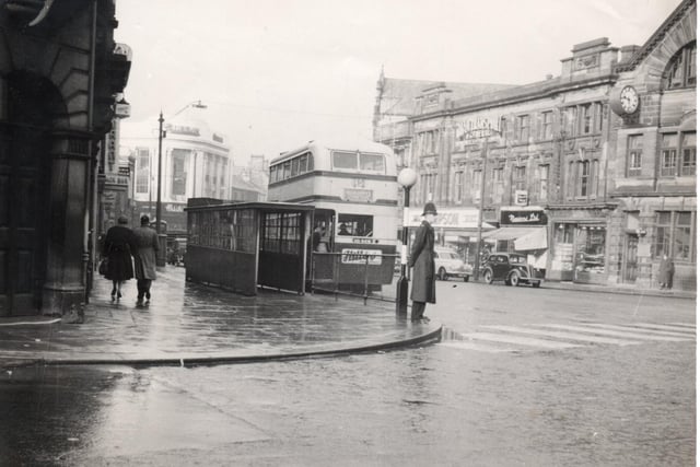 A photograph, taken in 1956, showing HG 9418, a Leyland PD2/3, which was purchased in 1947. The bus is at the Bus Centre in St James Street, in Burnley