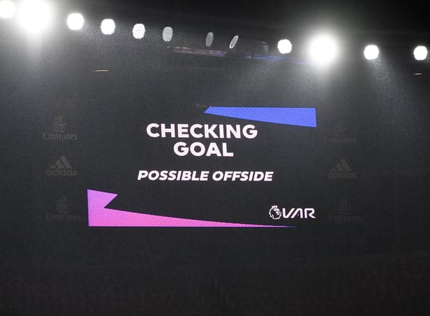 LONDON, ENGLAND - NOVEMBER 08: A screen inside the stadium displays the decision to check VAR for offside after John McGinn scores his team's first goal during the Premier League match between Arsenal and Aston Villa