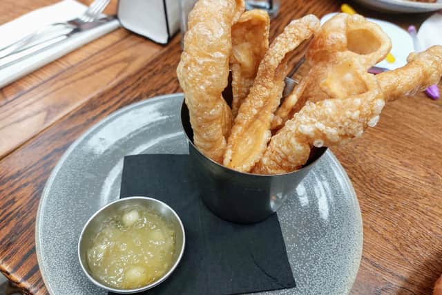 Pork crackling with apple sauce at the Pack Horse, Affetside
