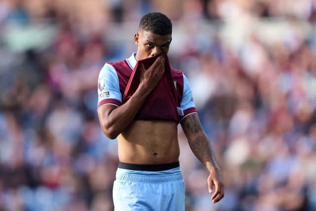 BURNLEY, ENGLAND - OCTOBER 07: Lyle Foster of Burnley reacts during the Premier League match between Burnley FC and Chelsea FC at Turf Moor on October 07, 2023 in Burnley, England. (Photo by George Wood/Getty Images)