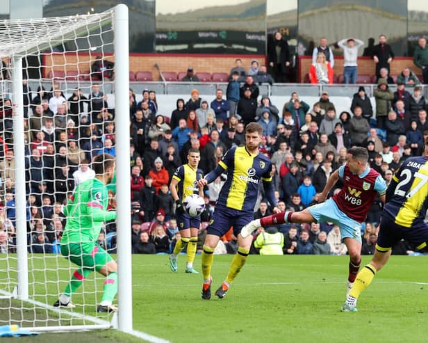 BURNLEY, ENGLAND - MARCH 03: Josh Cullen of Burnley scores a goal, which is later disallowed, during the Premier League match between Burnley FC and AFC Bournemouth at Turf Moor on March 03, 2024 in Burnley, England. (Photo by Matt McNulty/Getty Images)