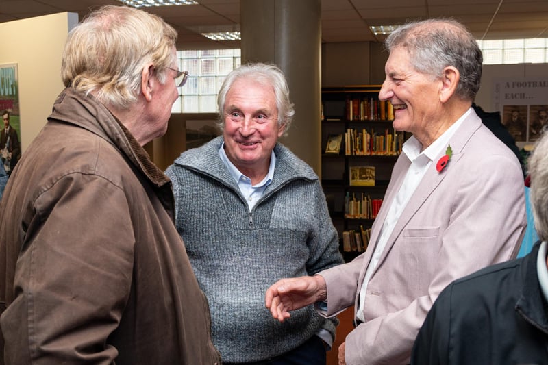 Former Burnley players Colin Waldron, Paul Fletcher and Martin Dobson catch up at the launch of the Clarets Resource Learning project at Burnley Central Library.