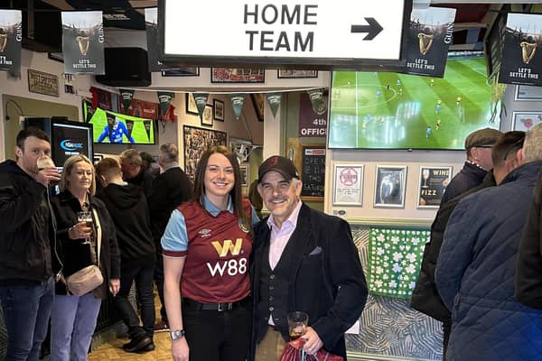 Burnley FC  owner Alan Pace with Royal Dyche landlady Justine Bedford during his surprise visit to the pub ahead of Saturday's game