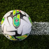 SALFORD, ENGLAND - AUGUST 29: A detailed view of the Puma Orbita 1 match ball prior to kick-off ahead of the Carabao Cup Second Round match between Salford City and Leeds United at Peninsula Stadium on August 29, 2023 in Salford, England. (Photo by Jess Hornby/Getty Images)