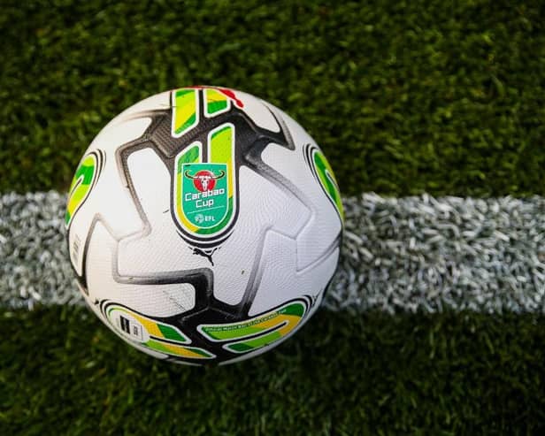 SALFORD, ENGLAND - AUGUST 29: A detailed view of the Puma Orbita 1 match ball prior to kick-off ahead of the Carabao Cup Second Round match between Salford City and Leeds United at Peninsula Stadium on August 29, 2023 in Salford, England. (Photo by Jess Hornby/Getty Images)