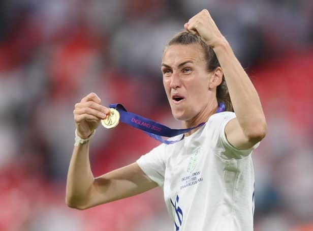 <p>Jill Scott celebrates after England's UEFA Women's Euro 2022 final victory over Germany</p>