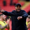 SHEFFIELD, ENGLAND - APRIL 20: Vincent Kompany, Manager of Burnley, celebrates following the team's victory in the Premier League match between Sheffield United and Burnley FC at Bramall Lane on April 20, 2024 in Sheffield, England. (Photo by Stu Forster/Getty Images)
