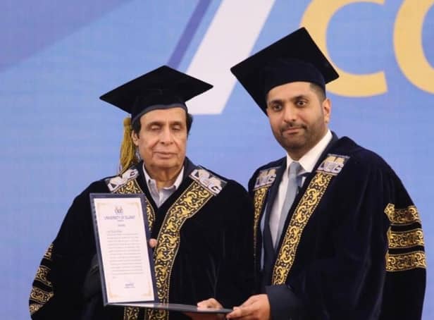 Lord Wajid Khan of Burnley receiving the University of Gujrat’s first ever Honorary Doctorate from Pervez Ellahi, the Chief Minister of Punjab