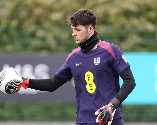 ENFIELD, ENGLAND - MARCH 25: James Trafford of England in action during a training session at Tottenham Hotspur Training Centre on March 25, 2024 in Enfield, England.  (Photo by Warren Little/Getty Images)