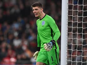 England's goalkeeper Nick Pope gestures during the international friendly football match between England and Ivory Coast at Wembley stadium in north London on March 29, 2022. - - NOT FOR MARKETING OR ADVERTISING USE / RESTRICTED TO EDITORIAL USE (Photo by Glyn KIRK / AFP) / NOT FOR MARKETING OR ADVERTISING USE / RESTRICTED TO EDITORIAL USE (Photo by GLYN KIRK/AFP via Getty Images)