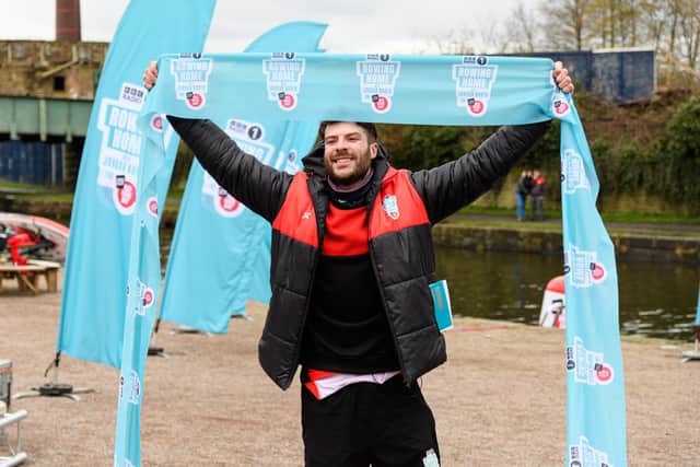 Jordan North celebrating the end of his 100-mile rowing challenge in aid of Comic Relief earlier this year. Photo: Kelvin Stuttard