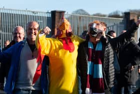 Burnley fans arrive at Ewood Park ahead of the East Lancs Derby against Blackburn Rovers. Photo: Kelvin Stuttard