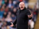 BURNLEY, ENGLAND - MARCH 05: Sean Dyche, Manager of Burnley reacts during the Premier League match between Burnley and Chelsea at Turf Moor on March 05, 2022 in Burnley, England.