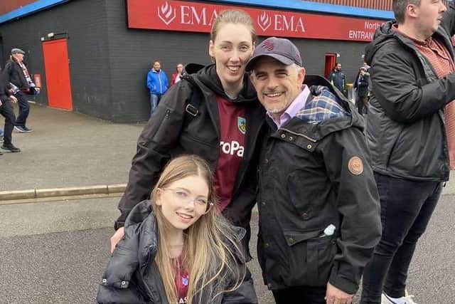Ruby with her sister Jay Hebden and Burnley FC chairman Alan Pace who made Ruby's dream come true when he presented her with the shirt worn by Jay Rod, her favourite player, after the Clarets 5-0 win against Sheffield United at Turf Moor on Saturday