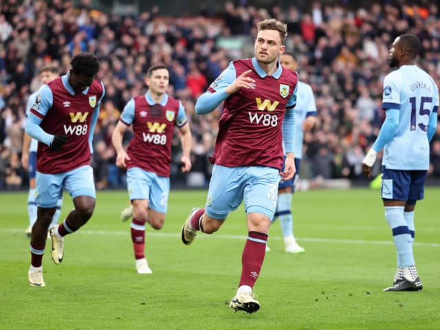 BURNLEY, ENGLAND - MARCH 16: Jacob Bruun Larsen of Burnley celebrates scoring his team's first goal during the Premier League match between Burnley FC and Brentford FC at Turf Moor on March 16, 2024 in Burnley, England. (Photo by Matt McNulty/Getty Images)