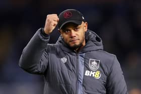 BURNLEY, ENGLAND - DECEMBER 02: Vincent Kompany, Manager of Burnley, celebrates after the team's victory in the Premier League match between Burnley FC and Sheffield United at Turf Moor on December 02, 2023 in Burnley, England. (Photo by Matt McNulty/Getty Images)