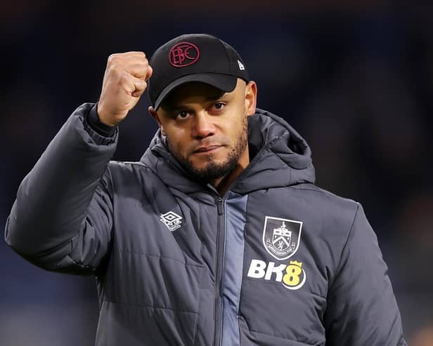 BURNLEY, ENGLAND - DECEMBER 02: Vincent Kompany, Manager of Burnley, celebrates after the team's victory in the Premier League match between Burnley FC and Sheffield United at Turf Moor on December 02, 2023 in Burnley, England. (Photo by Matt McNulty/Getty Images)