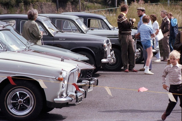 A display of Rover cars at the Ram Inn, Cliviger in 1983 by the Pendle and District Rover Association