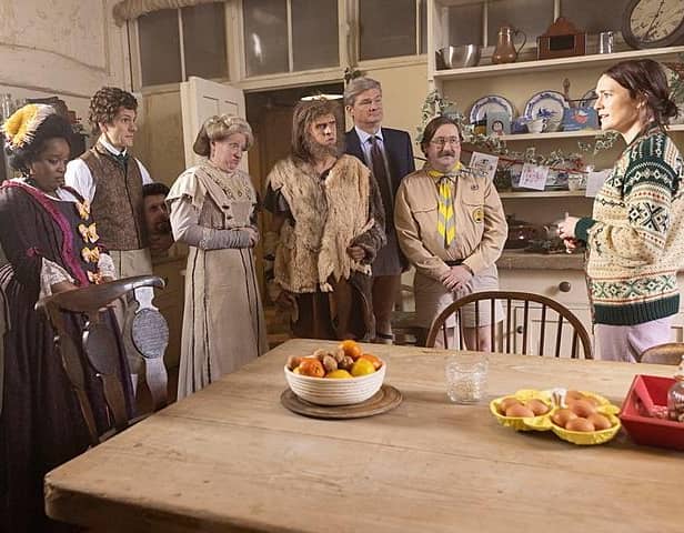 From left, The Captain (Ben Willbond), Kitty (Lolly Adefope), Thomas Thorne (Matthew Baynton), Lady Button (Martha Douglas-Howe), RObin (Laurence Rickard), Julian (Simon Farnaby) and Pat (Jim Howick) with their friend from the world of the living Alison (Charlotte Ritchie) (Picture: BBC/Monumental/Guido Mandozzi)