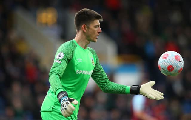BURNLEY, ENGLAND - APRIL 02: Nick Pope of Burnley during the Premier League match between Burnley and Manchester City at Turf Moor on April 02, 2022 in Burnley, England. (Photo by Alex Livesey/Getty Images)