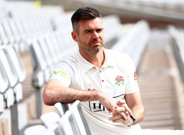 MANCHESTER, ENGLAND - APRIL 11: James Anderson poses for a photograph during a Lancashire CCC Photocall at Emirates Old Trafford on April 11, 2022 in Manchester, England. (Photo by Clive Brunskill/Getty Images)